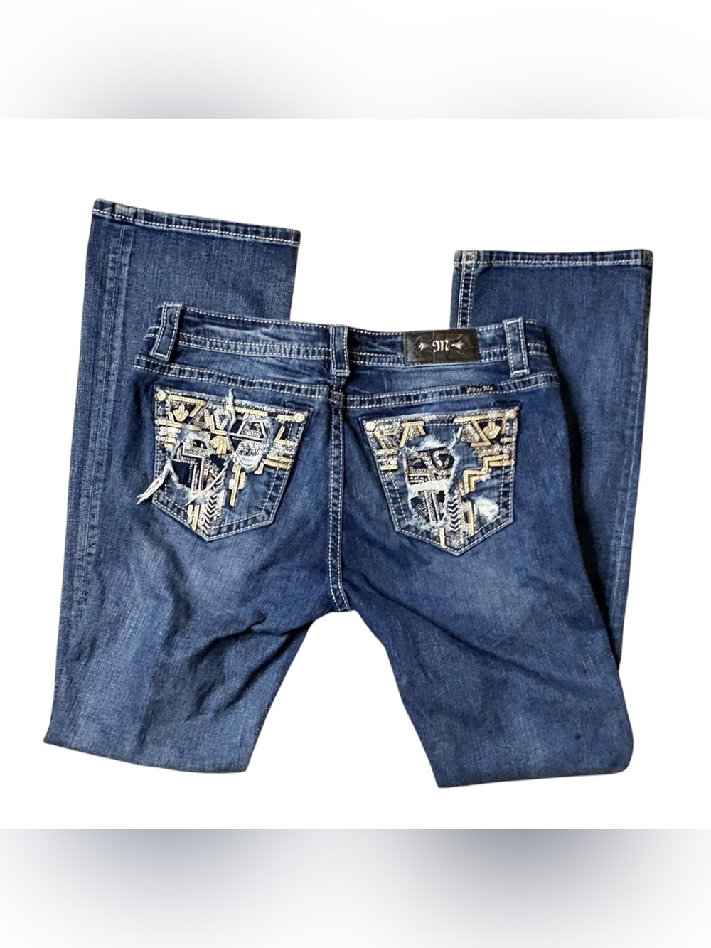 Miss Me Y2K Lowrise Embellished Dark Blue Jeans with Geometric Pocket Design